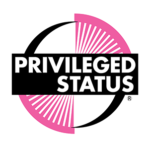 Pink and black circle logo that reads Privileged Status